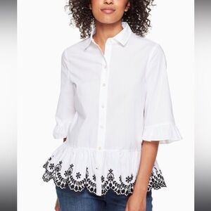 Kate Spade Cutwork Eyelet Ruffle Button Down Top Shirt Black White size xs